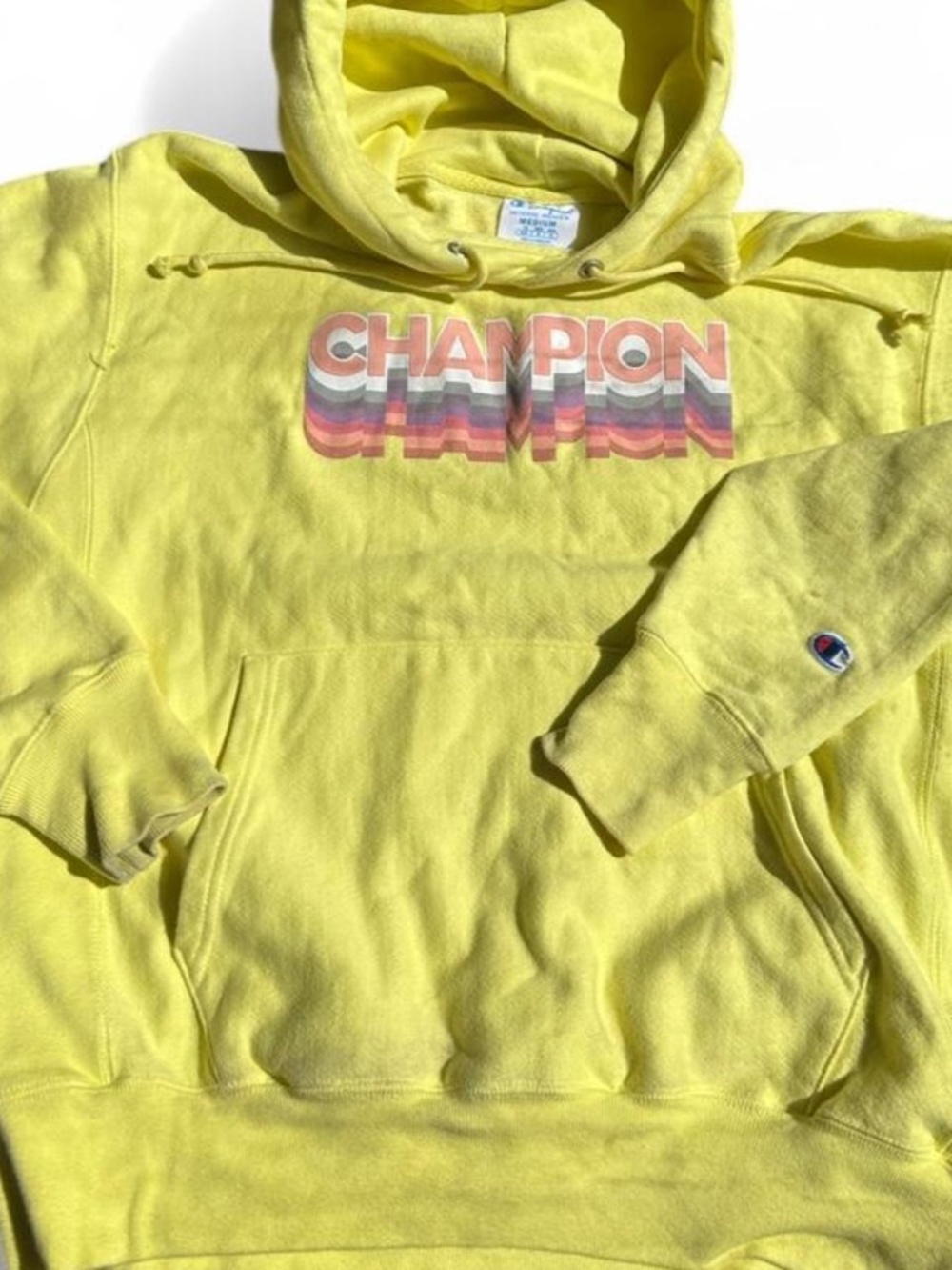 Champion Reverse Weave Yellow Retro Graphic Hoodie Men’s Medium